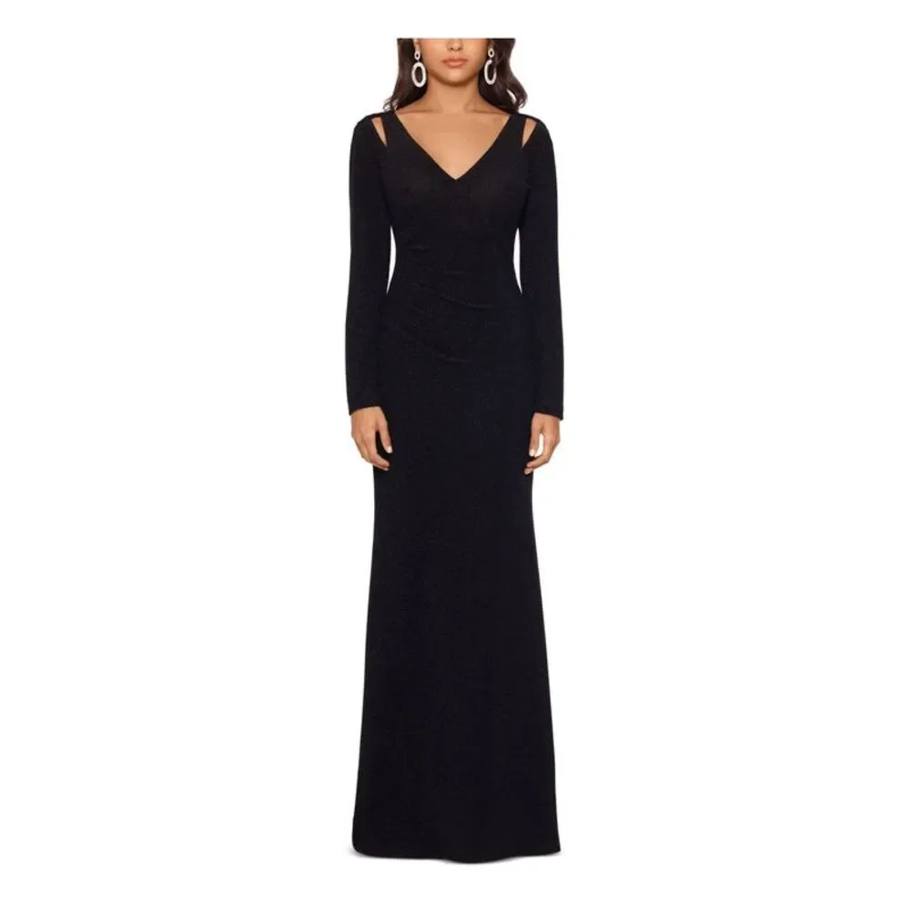 X BY XSCAPE Womens Black Long Sleeve V Neck Full-Length Formal Sheath Dress 4